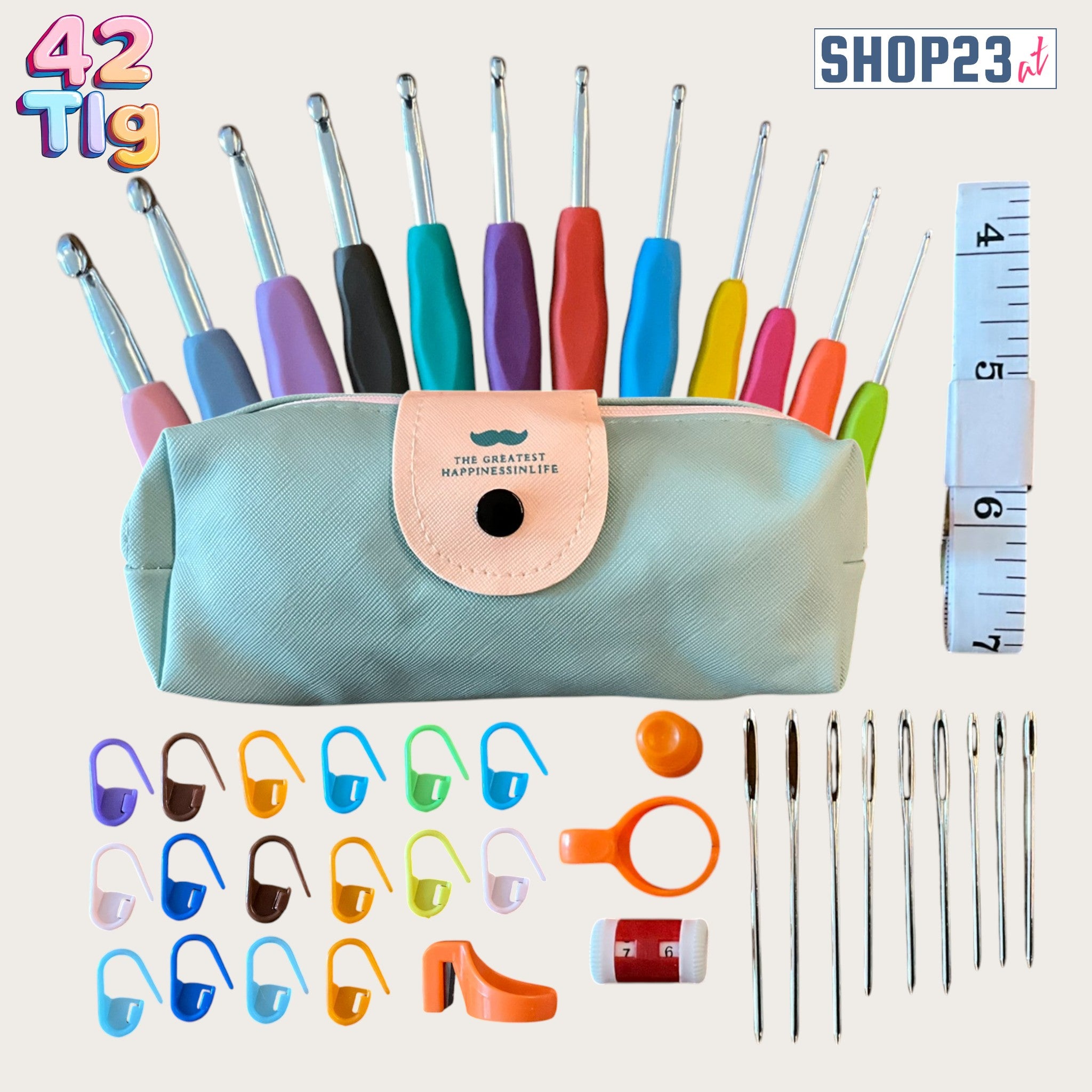 42-teiliges Häkelnadel Set – 12 ergonomische Nadeln (2-8 mm) + Zubehör & Tasche für Anfänger & Profis